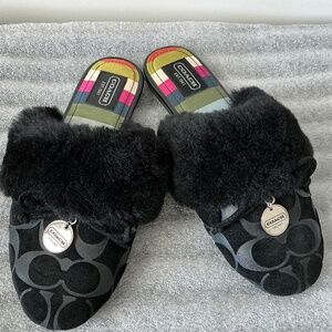 NWOT Coach Black Slippers w/Silver Coach  Hardware